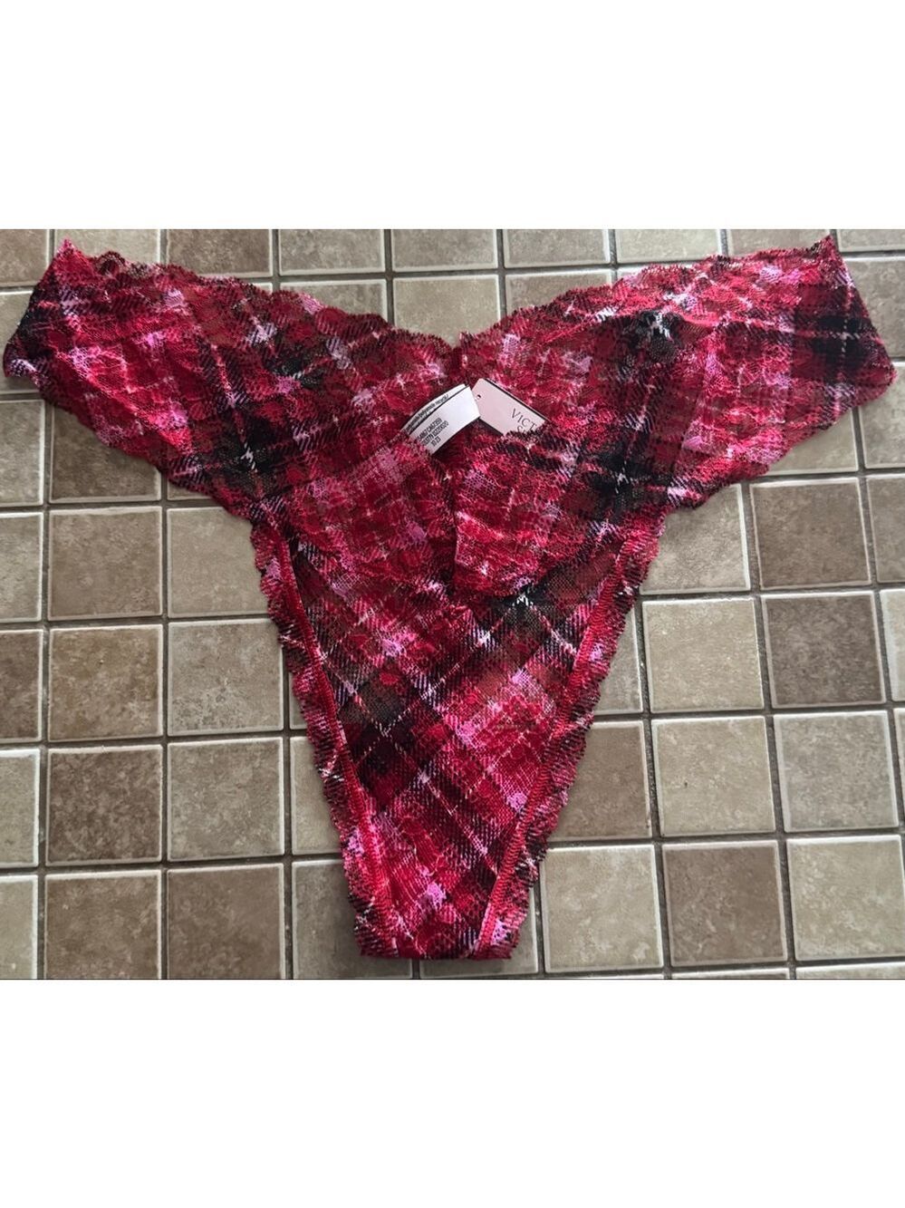 Women's Victoria's Secret XL Red Black Plaid Thong Panties